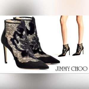 Jimmy Choo Lorre 100 Suede and Lace Heeled Black Ankle Boots Size 40